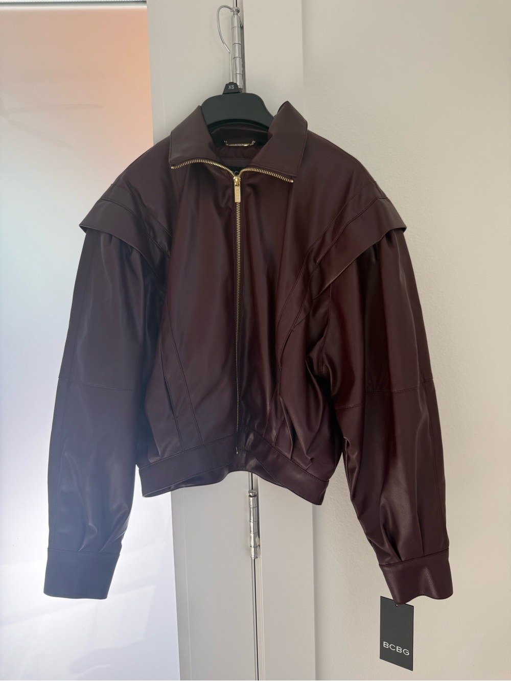 BCBG Burgundy Faux Leather Zip-Front Jacket